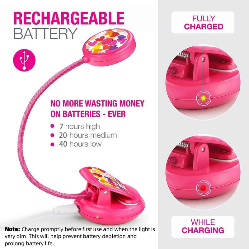 Vekkia Cute Rechargeable Book Light, Eye-Care Clip on Lights for Reading in Bed, 3 Colors & 3 Brightness, 1.8oz Lightweight, Up to 40 Hours Useage, Great Gifts for Kids & Readers (Rose Red) - Image 4